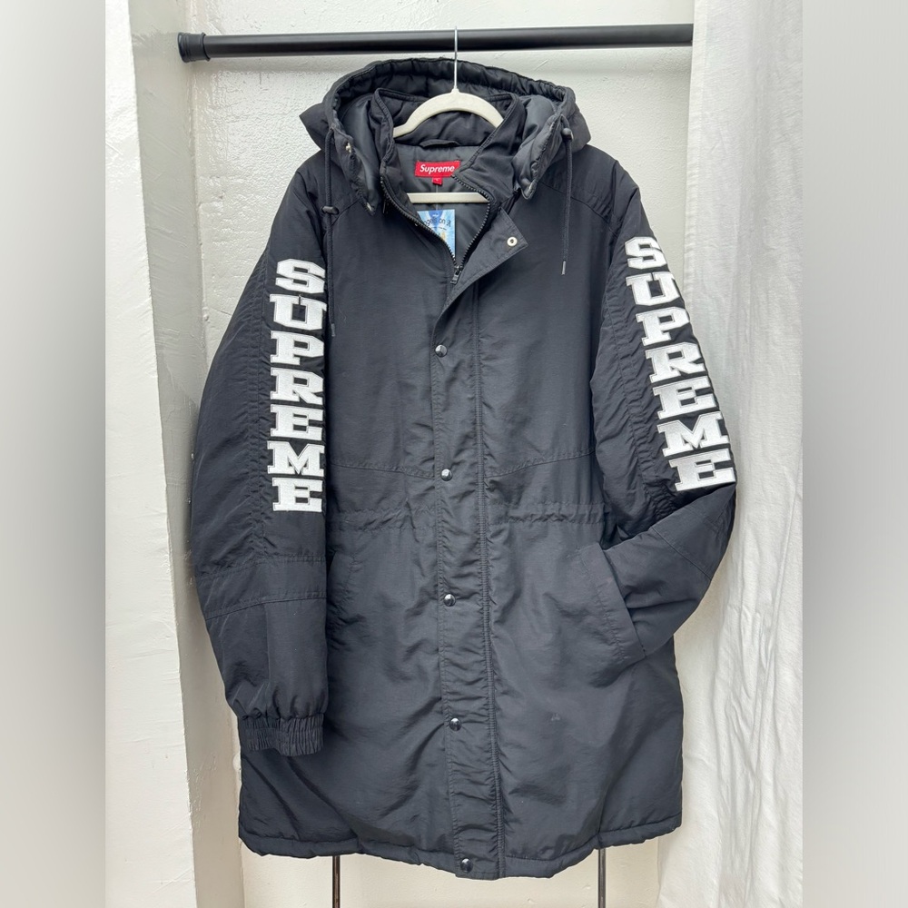 Supreme Long Puffer Coat - Embroidered Sleeves - Removable Hood